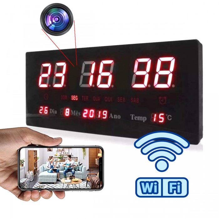 Relógio de Parede LED com Câmera Escondida WiFi 
