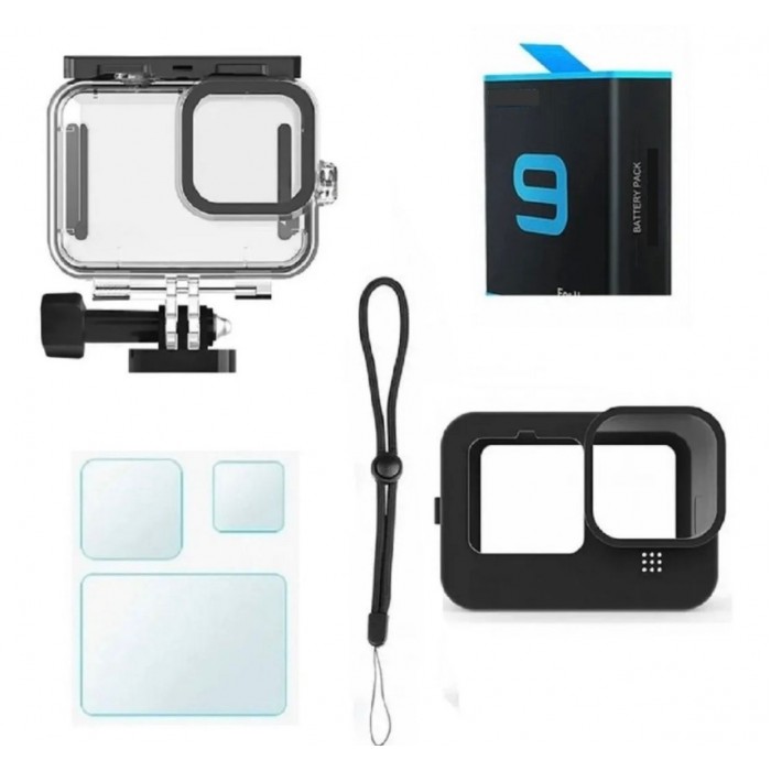 Acessórios pra Gopro Hero 9 e Hero 10 Black  - Caixa estanque + película protetora + capa de silicone + Bateria (4 itens)