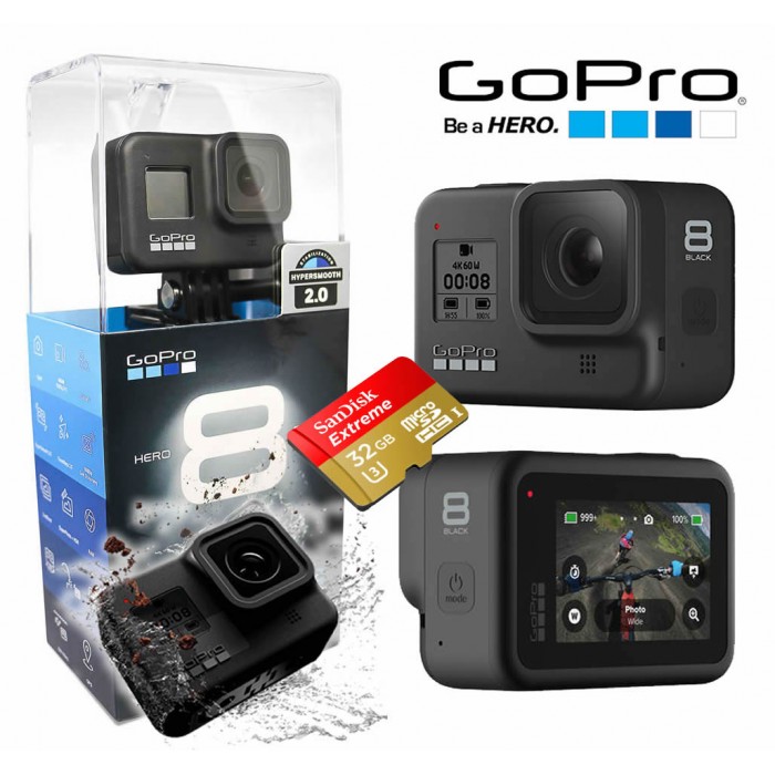 Câmera Esportiva GoPro Hero8 BLACK 4K 60FPS HyperSmooth 2.0 + 32GB EXTREME